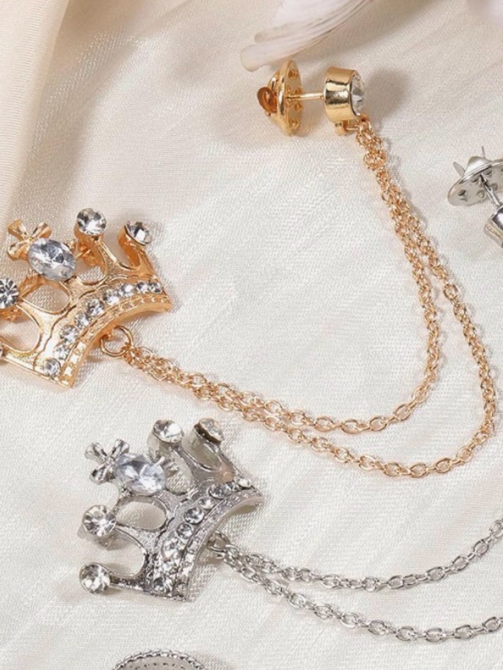 Crown Chain Drop Earrings - Gold and Silver